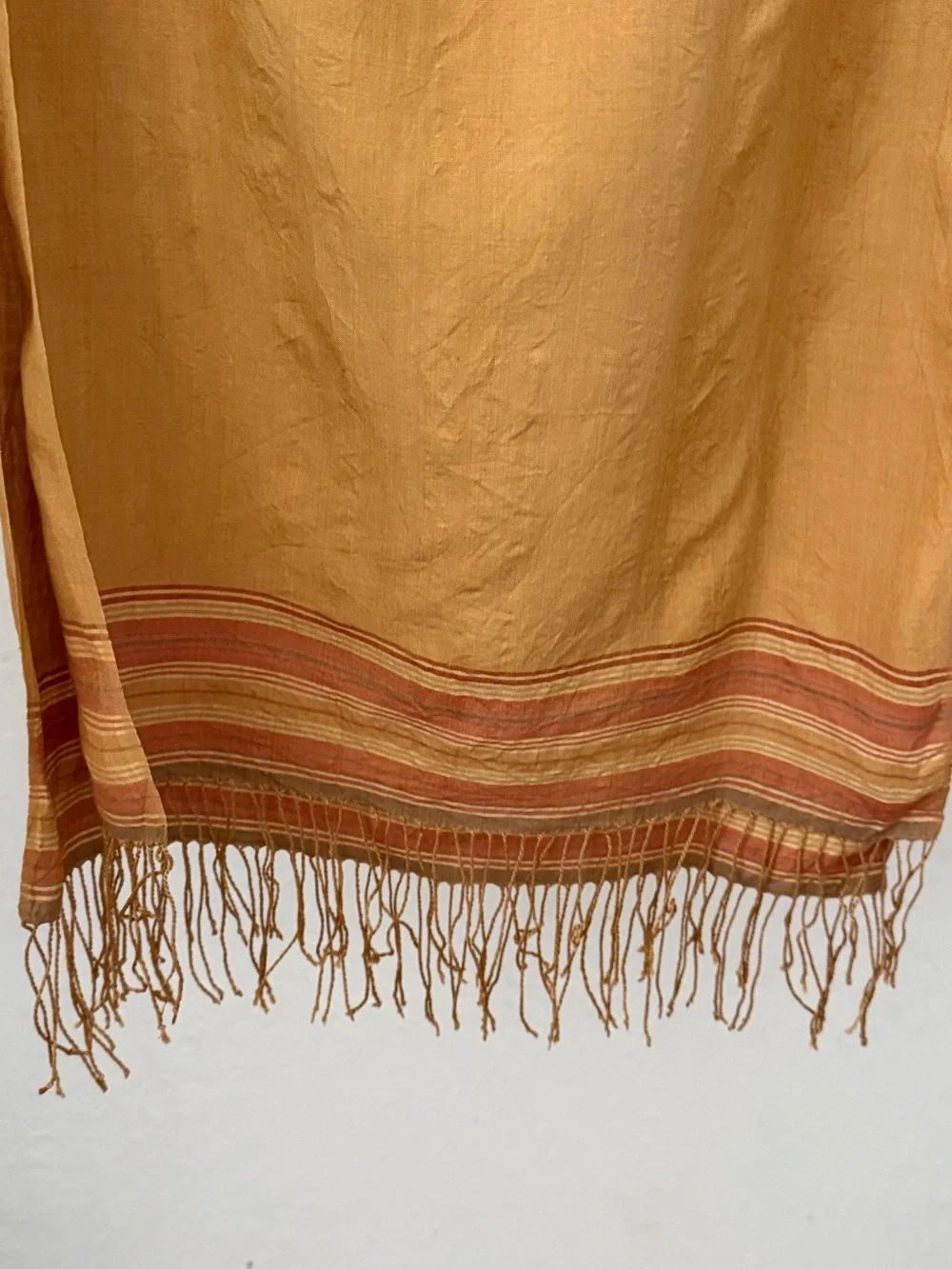 Muted Gold Long Silk Scarf or Wrap with Stripes and Fringe at Ends